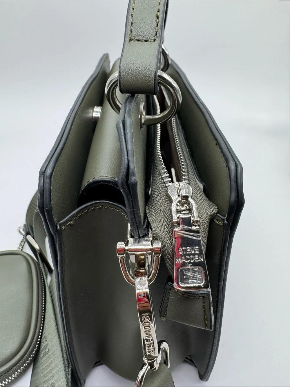 Steve Madden Olive Green Structured Crossbody Logo Strap and removable zip pouch